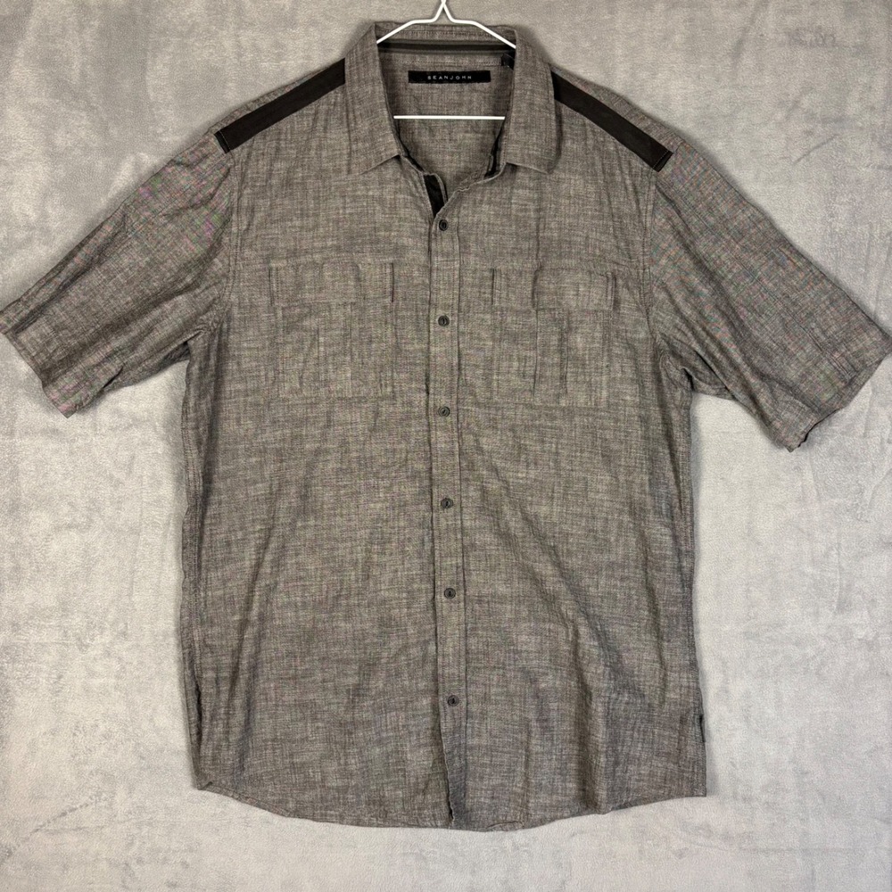 Sean John Mens 2XL Gray Short Sleeve Button Down Shirt Cotton Contrast Shoulder